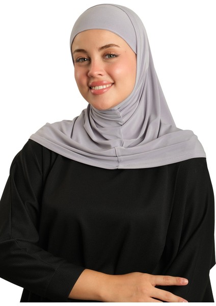 Gri Pratik Hazır Geçmeli Boru Boneli Ikili Tesettür Eşarp Sandy Düz 2501_15