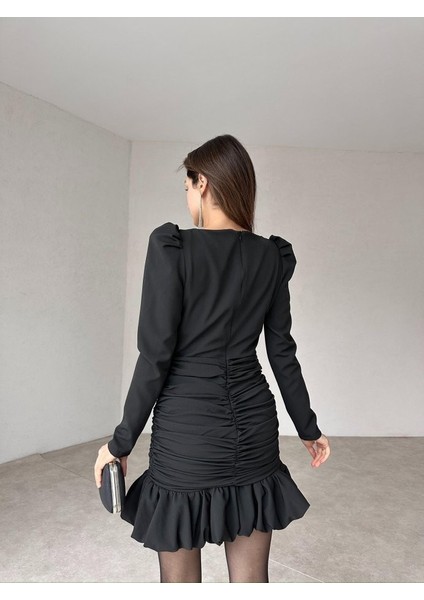 Kare Yaka Önü Düğme Detaylı Drapeli Etek Ucu Fırfırlı Stayle Bordo Mini Elbise fiyatları