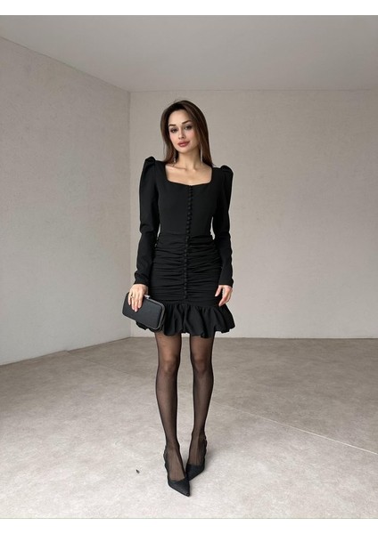 Kare Yaka Önü Düğme Detaylı Drapeli Etek Ucu Fırfırlı Stayle Bordo Mini Elbise fırsatları