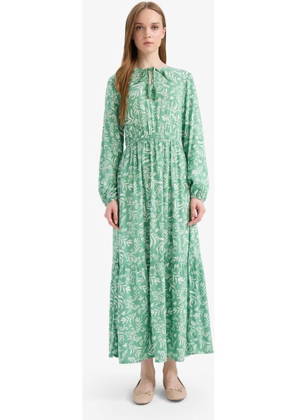 Bisiklet Yaka Desenli Viskon Uzun Kollu Maxi Elbise