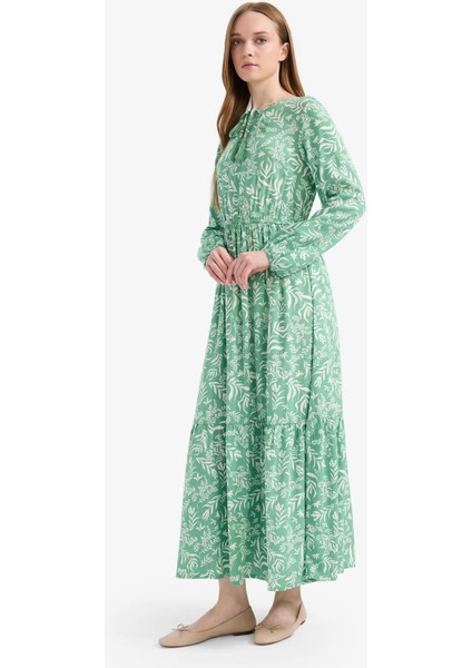 Bisiklet Yaka Desenli Viskon Uzun Kollu Maxi Elbise modelleri