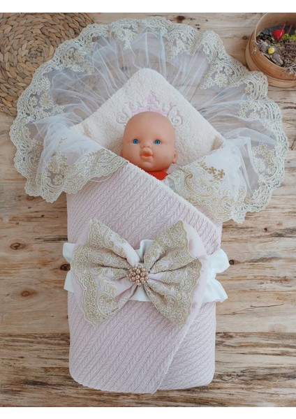 Litaetrend Yenidoğan Kuzulu Taç Nakış Güpürlü Fiyonklu Duvaklı Prizma Taş Unisex Kundak Bebek Battaniyesi Pembe fiyatları