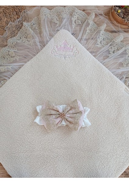Litaetrend Yenidoğan Kuzulu Taç Nakış Güpürlü Fiyonklu Duvaklı Prizma Taş Unisex Kundak Bebek Battaniyesi Pembe fırsatları