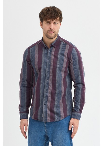 Regular Fit Pamuk Karışımlı Melanj Çizgili Düğmeli Yaka Erkek Gömlek