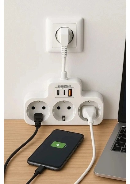 Çoklu Kablolu Priz Yüksek Gerilim Korumalı 3’lü Priz 1x USB 2x Type-C Çıkışlı Grup Priz Çoğaltıcı Siyah fırsatları