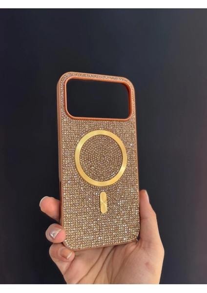 Iphone 17 Uyumlu Sert ve Içi Kadife Taşlı Magsafe Kılıf Roselix