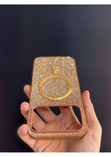 Iphone 17 Uyumlu Sert ve Içi Kadife Taşlı Magsafe Kılıf Roselix