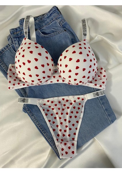 Kadın Kalpli Taşlı Balenli Destekli Dolgulu Push Up Sütyen Takımı Iç Çamaşırı Takımı