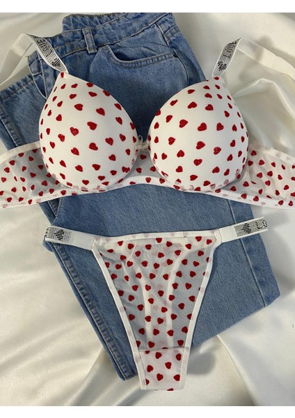 Kadın Kalpli Taşlı Balenli Destekli Dolgulu Push Up Sütyen Takımı Iç Çamaşırı Takımı fiyatları