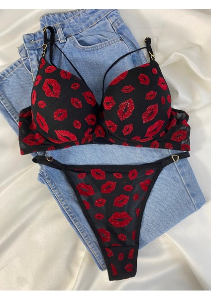 Beyaz Gelincik Underwear Kadın Öpücük Baskılı Ipli Balenli Destekli Dolgulu Push Up Sütyen Takımı Iç Çamaşırı Takımı