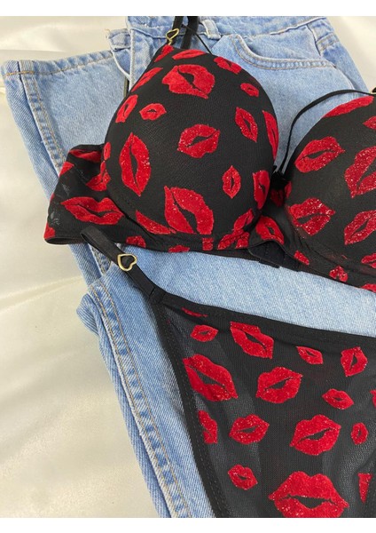 Beyaz Gelincik Underwear Kadın Öpücük Baskılı Ipli Balenli Destekli Dolgulu Push Up Sütyen Takımı Iç Çamaşırı Takımı modelleri