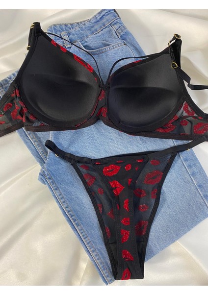 Beyaz Gelincik Underwear Kadın Öpücük Baskılı Ipli Balenli Destekli Dolgulu Push Up Sütyen Takımı Iç Çamaşırı Takımı fırsatları