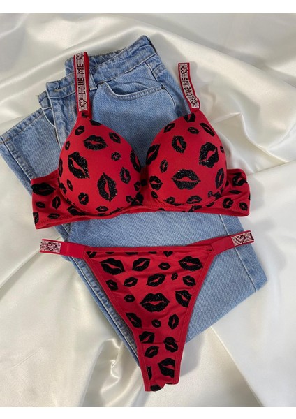 Beyaz Gelincik Underwear Kadın Öpücük Baskılı Taşlı Balenli Destekli Dolgulu Push Up Sütyen Takımı Iç Çamaşırı Takımı