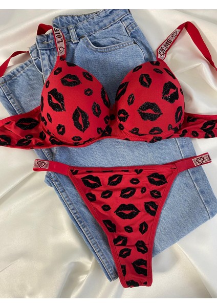 Beyaz Gelincik Underwear Kadın Öpücük Baskılı Taşlı Balenli Destekli Dolgulu Push Up Sütyen Takımı Iç Çamaşırı Takımı fiyatları