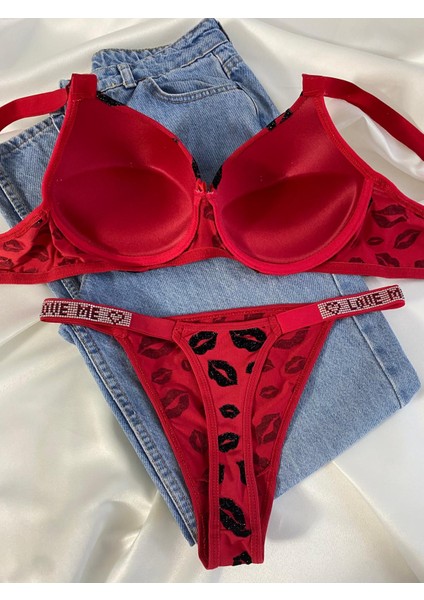 Beyaz Gelincik Underwear Kadın Öpücük Baskılı Taşlı Balenli Destekli Dolgulu Push Up Sütyen Takımı Iç Çamaşırı Takımı fırsatları