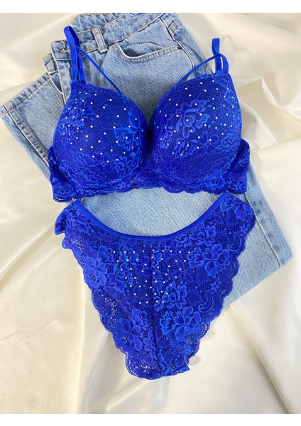 Beyaz Gelincik Underwear Kadın Dantelli Ip Detaylı Taşlı Balenli Destekli Dolgulu Push Up Sütyen Takımı Iç Çamaşırı Takımı