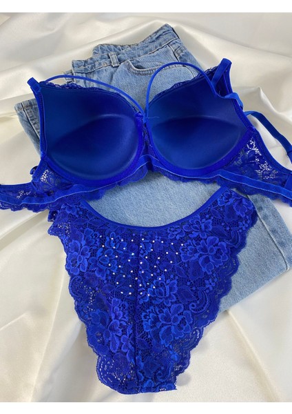 Beyaz Gelincik Underwear Kadın Dantelli Ip Detaylı Taşlı Balenli Destekli Dolgulu Push Up Sütyen Takımı Iç Çamaşırı Takımı fırsatları