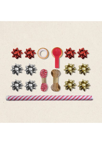 Kırmızı Verev Beyaz Ambalaj Kağıdı Seti | 10 Rulo Kağıt (70X100 Cm)-12 RAFYA-20M Ip-Bant ve Makinesi