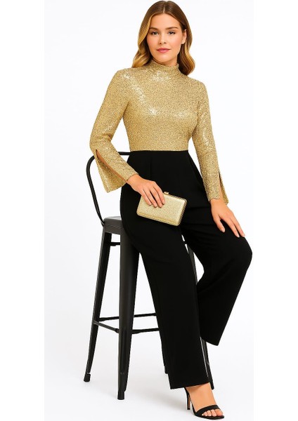 Kadın Büyük Beden Gold-Siyah, Pul Payet Işli, Kol Yırtmaçlı, Geniş Paça Cepli Abiye Tulum 65N39204