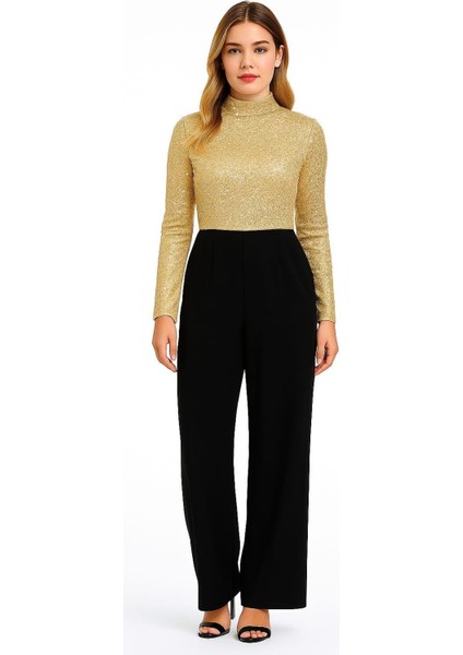 Kadın Büyük Beden Gold-Siyah, Pul Payet Işli, Kol Yırtmaçlı, Geniş Paça Cepli Abiye Tulum 65N39204 fiyatları