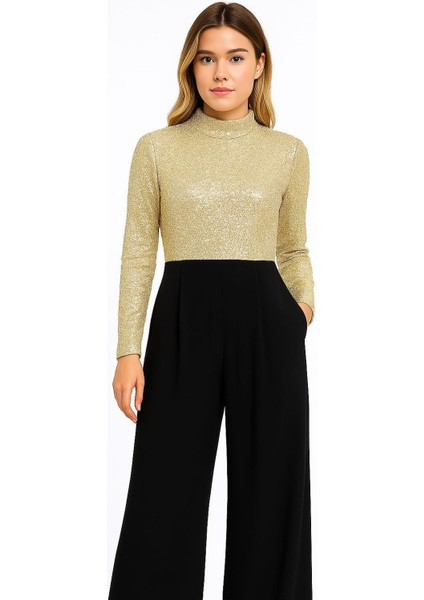 Kadın Büyük Beden Gold-Siyah, Pul Payet Işli, Kol Yırtmaçlı, Geniş Paça Cepli Abiye Tulum 65N39204 modelleri
