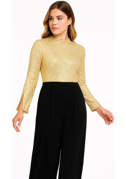 Kadın Büyük Beden Gold-Siyah, Pul Payet Işli, Kol Yırtmaçlı, Geniş Paça Cepli Abiye Tulum 65N39204 fırsatları