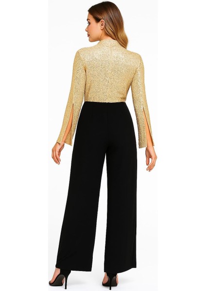 Kadın Büyük Beden Gold-Siyah, Pul Payet Işli, Kol Yırtmaçlı, Geniş Paça Cepli Abiye Tulum 65N39204 indirimleri