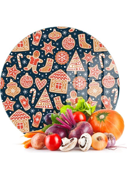 Cam Kesme Tahtası ve Sunumluk Yuvarlak Yılbaşı Kurabiye Desenli 30X30 cm