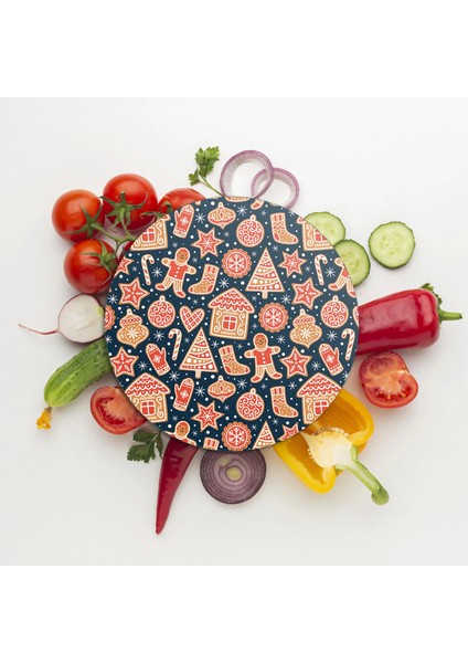 Cam Kesme Tahtası ve Sunumluk Yuvarlak Yılbaşı Kurabiye Desenli 30X30 cm modelleri