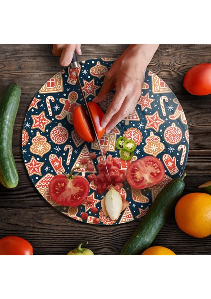 Cam Kesme Tahtası ve Sunumluk Yuvarlak Yılbaşı Kurabiye Desenli 30X30 cm fırsatları