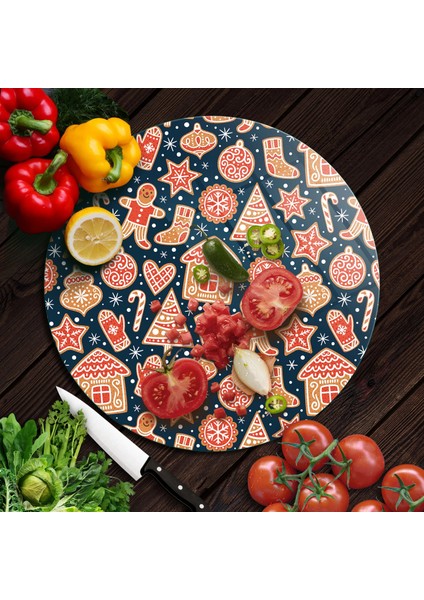 Cam Kesme Tahtası ve Sunumluk Yuvarlak Yılbaşı Kurabiye Desenli 30X30 cm indirimleri