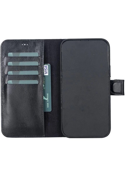 Apple iPhone 13 Pro Max Uyumlu Deri Cüzdanlı Kılıf Rustik Siyah fırsatları