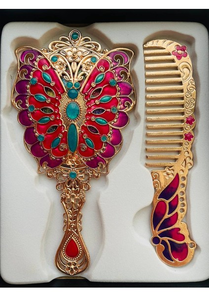 Ayna Tarak Seti, Kutulu-Metal-Hediyelik Takım, 13CM Aynalı Saç Fırçası, Tavuskuşu Figürlü