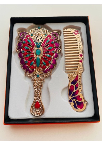 Ayna Tarak Seti, Kutulu-Metal-Hediyelik Takım, 13CM Aynalı Saç Fırçası, Tavuskuşu Figürlü modelleri