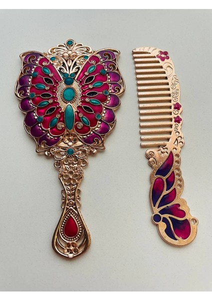 Ayna Tarak Seti, Kutulu-Metal-Hediyelik Takım, 13CM Aynalı Saç Fırçası, Tavuskuşu Figürlü