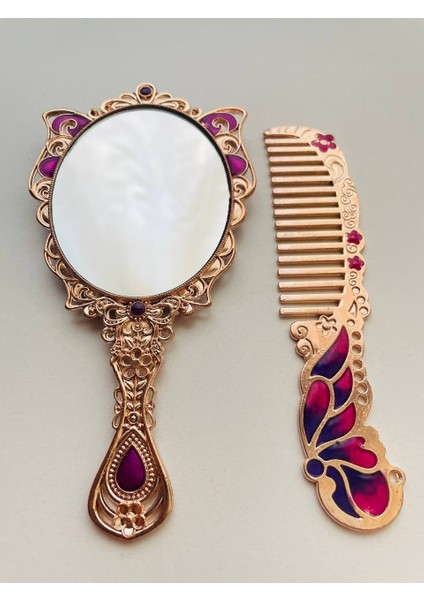 Ayna Tarak Seti, Kutulu-Metal-Hediyelik Takım, 13CM Aynalı Saç Fırçası, Tavuskuşu Figürlü