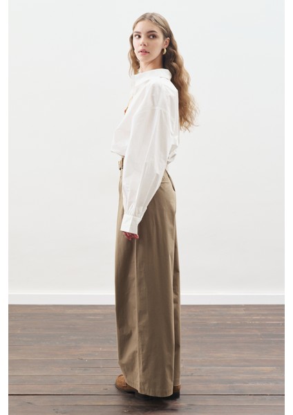 Geniş Pileli Gabardin Pantolon Haki