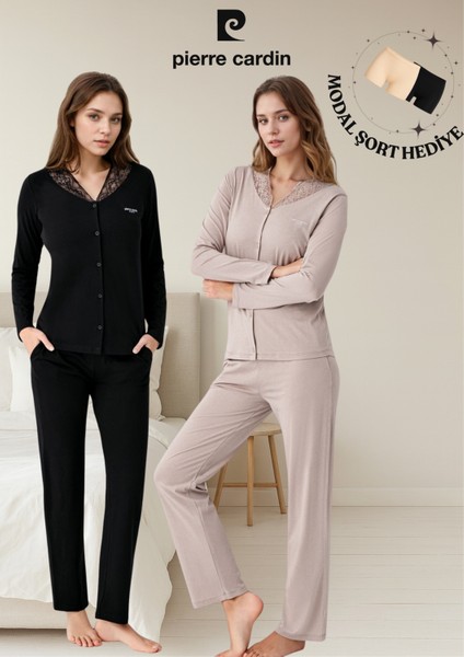 Kadın Giyim 2 Adet Uzun Kol Pamuklu & Modal Gömlek Pijama Takımı (Modal Şort Hediyeli)