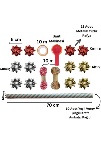 Yeşil Verev Kraft Ambalaj Kağıdı Seti | 10 Rulo Kağıt (70X100 Cm)-12 RAFYA-20M Ip-Bant ve Makinesi fiyatları