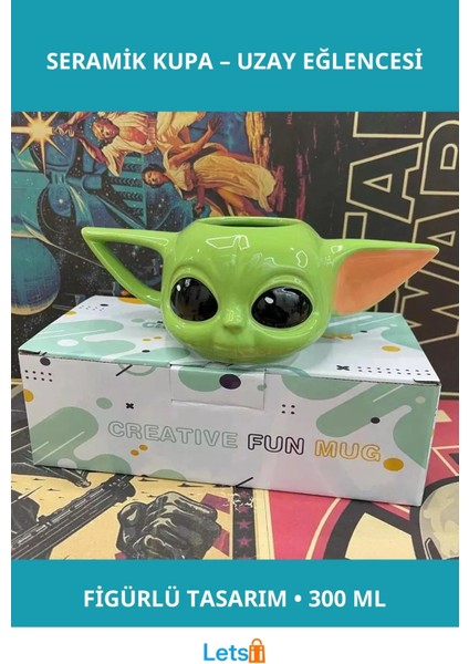 Sevimli Uzay Karakteri Figürlü Yeşil Seramik Kupa