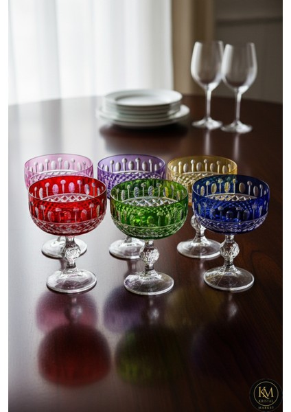 El Yapımı Kristal Bohemia Lüks Royal Desen 200ML Dekoratif Sunumluk Ayaklı Dondurmalık Kase Set 6'lı