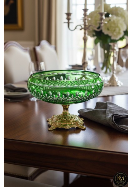 Kristal Kesme Gold Ayak Yeşil Kase