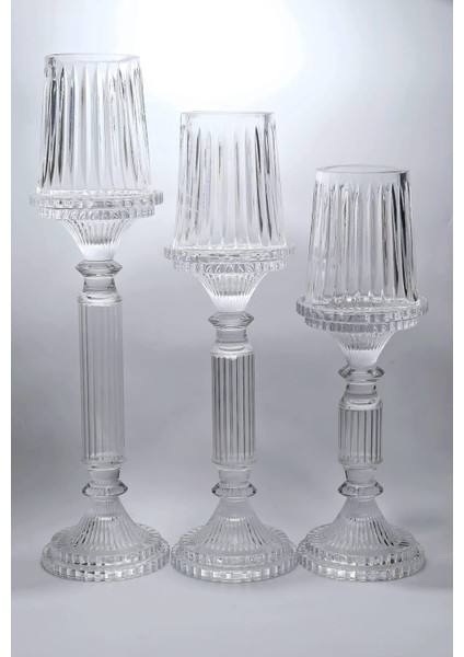 El Yapımı Kristal Desenli Şeffaf Lüks Mumluk Şamdan Set 3'lü