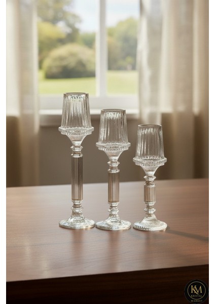 El Yapımı Kristal Desenli Şeffaf Lüks Mumluk Şamdan Set 3'lü modelleri