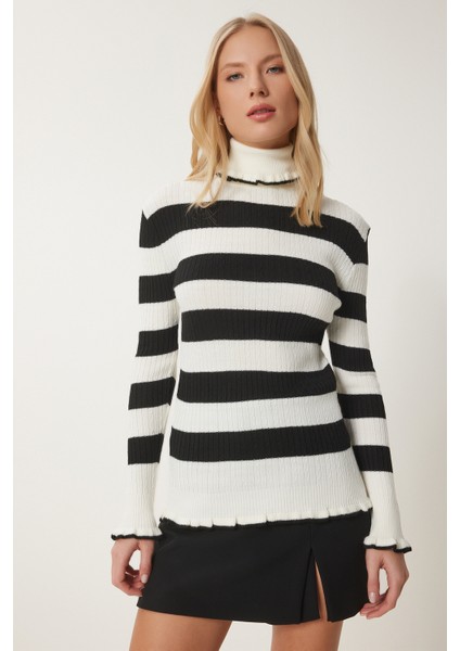 Balıkçı Yaka Fırfırlı Çizgili Triko Kazak LDD0046 Ekru Siyah