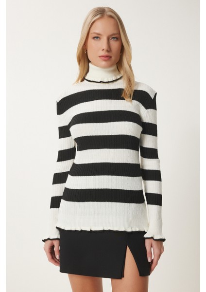 Balıkçı Yaka Fırfırlı Çizgili Triko Kazak LDD0046 Ekru Siyah fiyatları