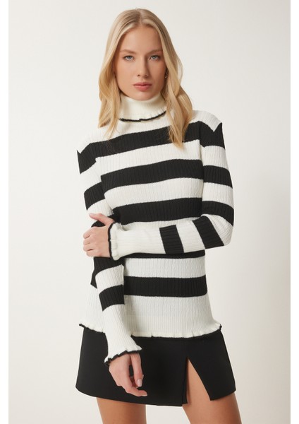 Balıkçı Yaka Fırfırlı Çizgili Triko Kazak LDD0046 Ekru Siyah modelleri