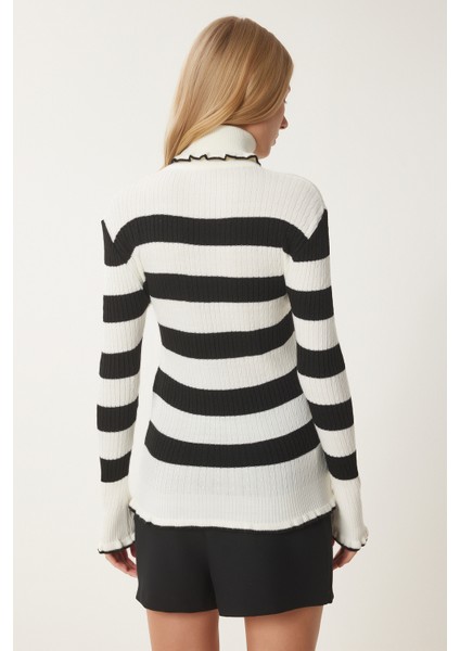 Balıkçı Yaka Fırfırlı Çizgili Triko Kazak LDD0046 Ekru Siyah indirimleri