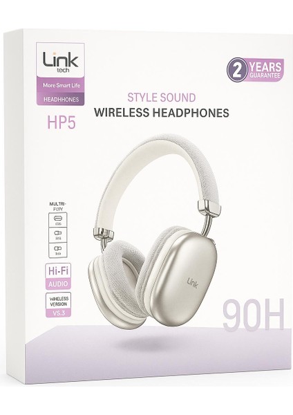 Linktech Hp5 Bluetooth 5.3 Kablosuz Kulak Üstü Kulaklık – 90 Saat Pil Ömrü, Hi-Fi Ses, Mikrofonlu, Aux + Tf Kart Destekli
