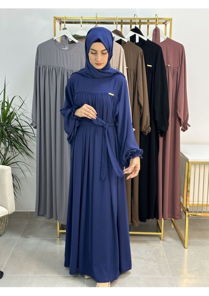 Şallı ve Üsten Robalı,kemerli Elbise Takım .hijap ,abaya (Hac ve Umre Için Uygundur) Indigo
